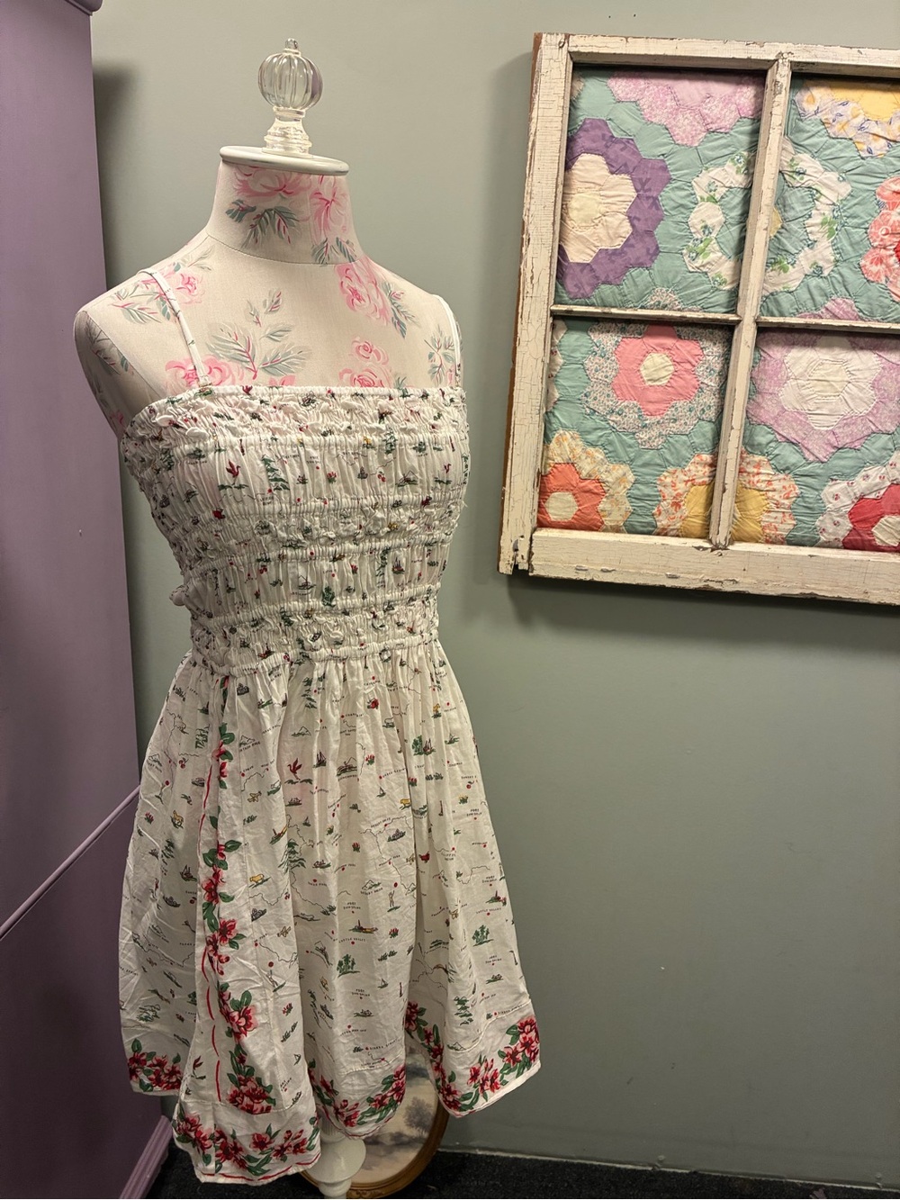 J. Crew White Floral Smocked Mini Dress with Red & Green Accents